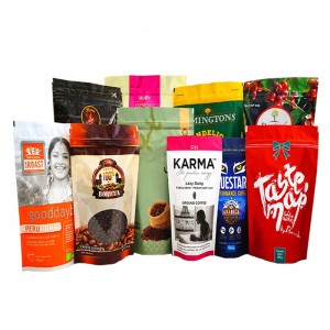 Anpassad tryckt doypack återförslutningsbar ziplock som står upp påsar aluminiumfolie kaffe förpackningspåsar med dragkedja
