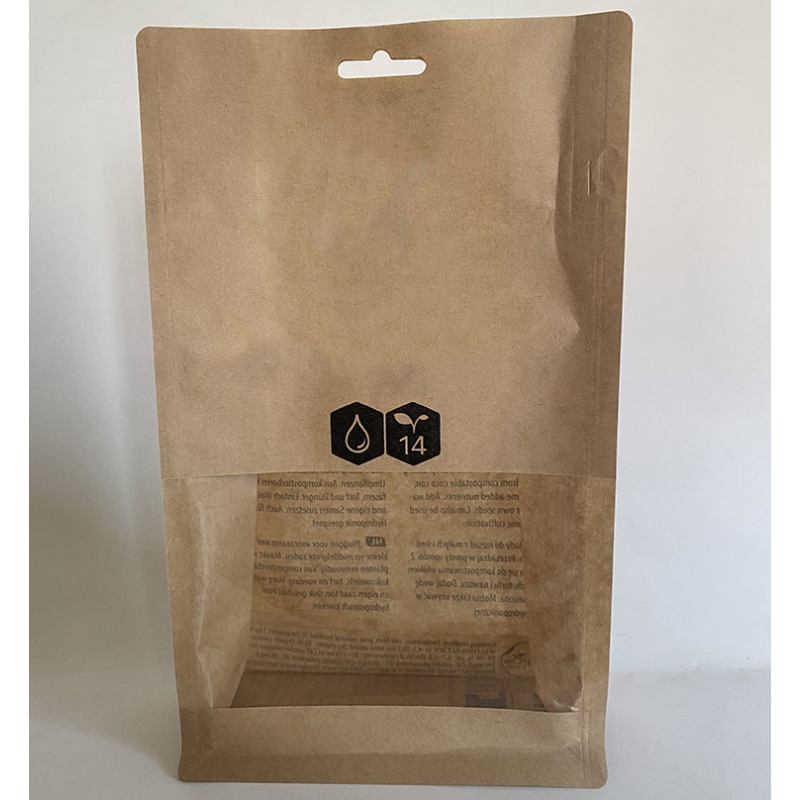 Tryckt Kraft Paper Pouch med rektangulärt fönster från sida till sida